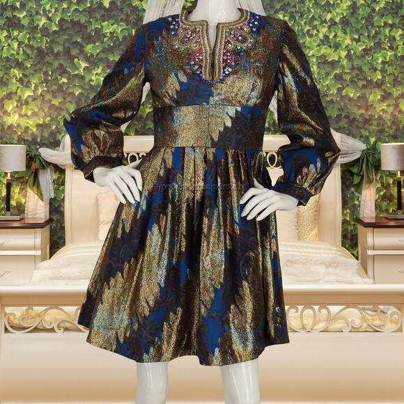 60s Vintage Pat Sandler Gold Metallic Beaded Dress M - Picture 2 of 16